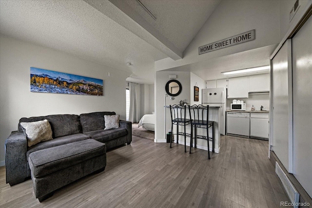 living room with sink, lofted ceiling, a textured ceiling, and light hardwood / wood-style flooring