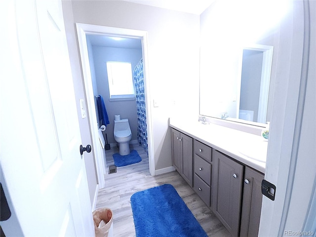 bathroom featuring double vanity, toilet, a sink, and wood finished floors