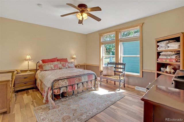 bedroom featuring ceiling fan and light hardwood / wood-style flooring