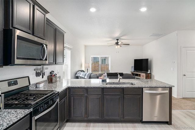 kitchen featuring kitchen peninsula, ceiling fan, appliances with stainless steel finishes, light hardwood / wood-style flooring, and sink