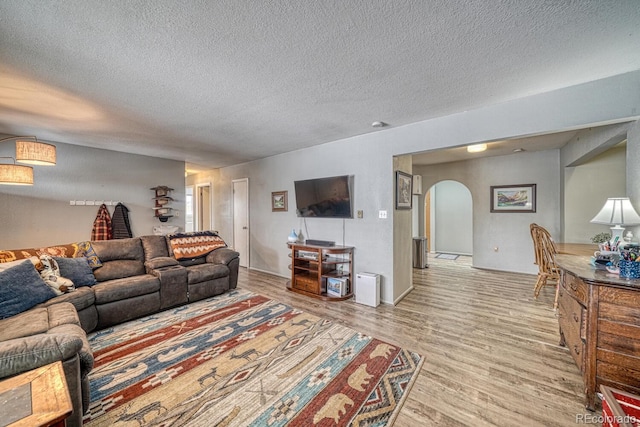 living room with a textured ceiling and light hardwood / wood-style floors