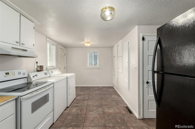 436 S 4th Ave, Brighton, CO 80601 - kitchen with freestanding refrigerator, under cabinet range hood, electric stove, light countertops, and white cabinets
