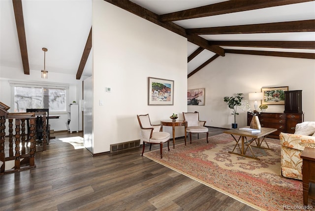 living room featuring beam ceiling, high vaulted ceiling, and dark hardwood / wood-style floors