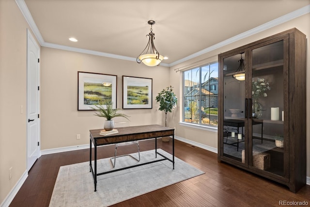 771 Braesheather Pl, Highlands Ranch, CO 80126 - office featuring crown molding, baseboards, dark wood-type flooring, and recessed lighting
