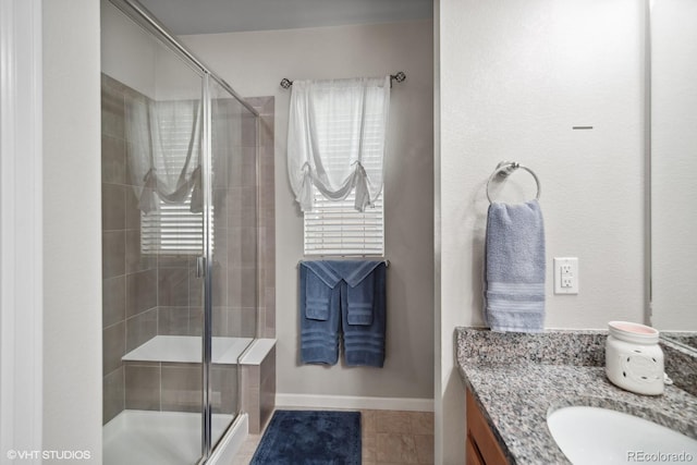 bathroom featuring tile patterned flooring, vanity, and walk in shower