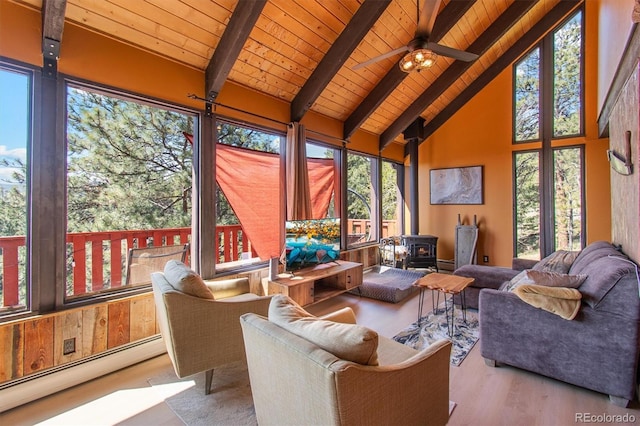 1278 Aspen Dr, Evergreen, CO 80439 - sunroom with a baseboard radiator, wooden ceiling with exposed beams, a wood stove, wood finished floors, and high vaulted ceiling