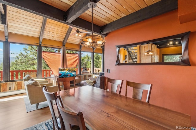 1278 Aspen Dr, Evergreen, CO 80439 - dining area with wooden ceiling with exposed beams, wood finished floors, and a chandelier