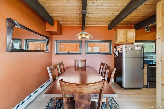1278 Aspen Dr, Evergreen, CO 80439 - dining space featuring a baseboard radiator, light wood-style flooring, and wooden ceiling with exposed beams