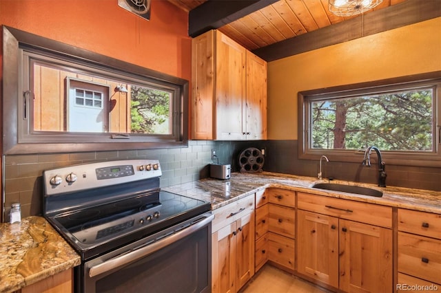 1278 Aspen Dr, Evergreen, CO 80439 - kitchen with electric range, a sink, decorative backsplash, light stone counters, and wooden ceiling with exposed beams