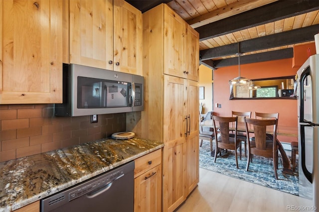 1278 Aspen Dr, Evergreen, CO 80439 - kitchen with appliances with stainless steel finishes, light brown cabinets, wood ceiling with exposed beams, light wood-type flooring, and dark stone countertops