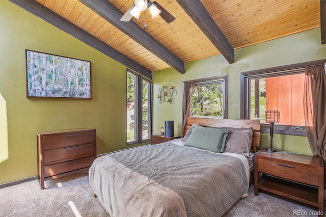 1278 Aspen Dr, Evergreen, CO 80439 - bedroom featuring carpet floors, wood ceiling, and a ceiling fan