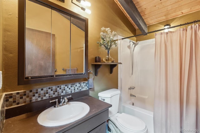 1278 Aspen Dr, Evergreen, CO 80439 - bathroom with tasteful backsplash, toilet, shower / bath combo with shower curtain, vanity, and wood ceiling with exposed beams