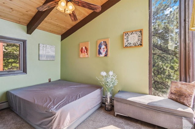 1278 Aspen Dr, Evergreen, CO 80439 - bedroom featuring carpet floors, wooden ceiling, multiple windows, and ceiling fan