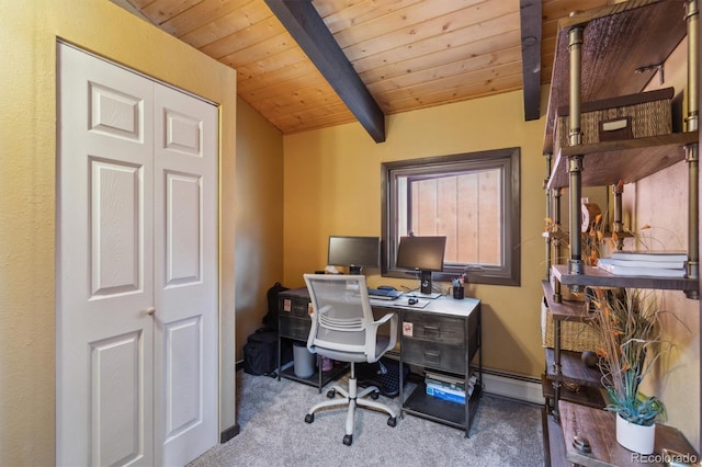 1278 Aspen Dr, Evergreen, CO 80439 - office space with carpet flooring, wooden ceiling with exposed beams, and a baseboard radiator