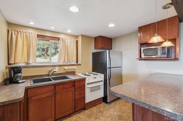 1278 Aspen Dr, Evergreen, CO 80439 - kitchen featuring appliances with stainless steel finishes, a sink, dark countertops, recessed lighting, and light tile patterned flooring