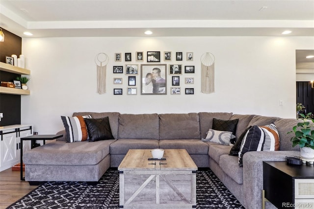 living area featuring dark wood finished floors and recessed lighting