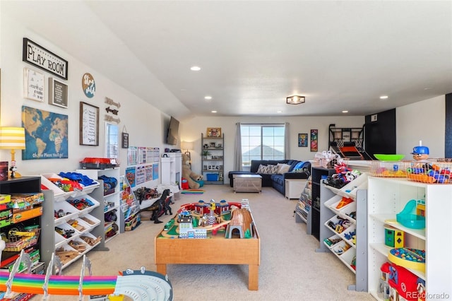 recreation room with recessed lighting and carpet flooring