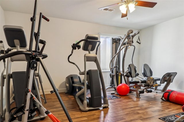 workout room featuring visible vents, ceiling fan, and wood finished floors