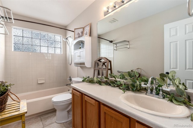 full bath with tile patterned floors, visible vents, toilet,  shower combination, and vanity