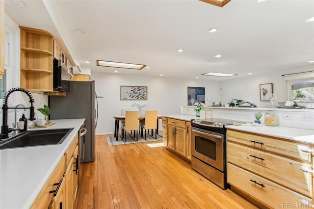 kitchen with open shelves, light wood-type flooring, stainless steel electric range, a sink, and light countertops