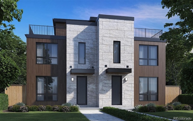 4572 N Raleigh St, Denver, CO 80212 - modern home featuring stone siding, a front yard, and a balcony