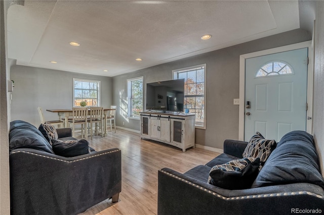 living room with a textured ceiling and light hardwood / wood-style floors