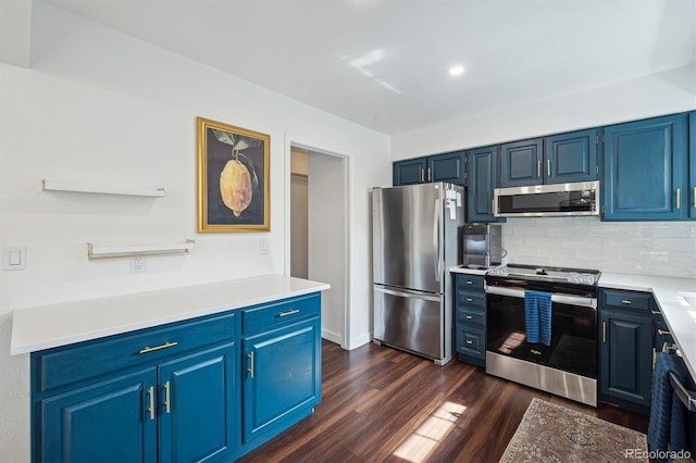 8981 E Amherst Dr Unit E, Denver, CO 80231 - kitchen with appliances with stainless steel finishes, blue cabinets, dark wood-type flooring, and decorative backsplash