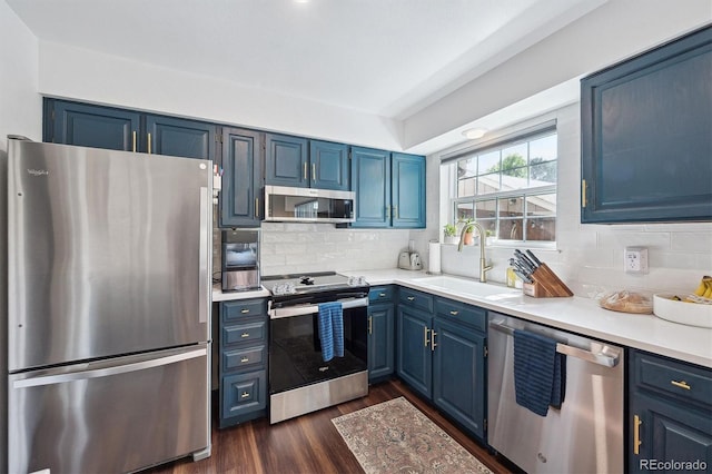 8981 E Amherst Dr Unit E, Denver, CO 80231 - kitchen with stainless steel appliances, a sink, blue cabinetry, and light countertops