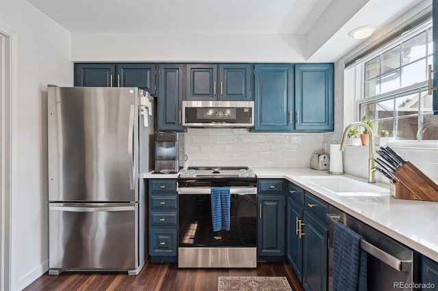 8981 E Amherst Dr Unit E, Denver, CO 80231 - kitchen featuring appliances with stainless steel finishes, blue cabinets, a sink, dark wood-style flooring, and backsplash