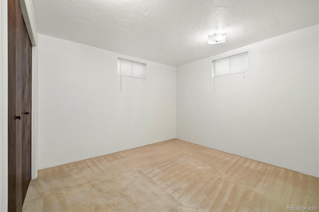 basement with light carpet and a textured ceiling