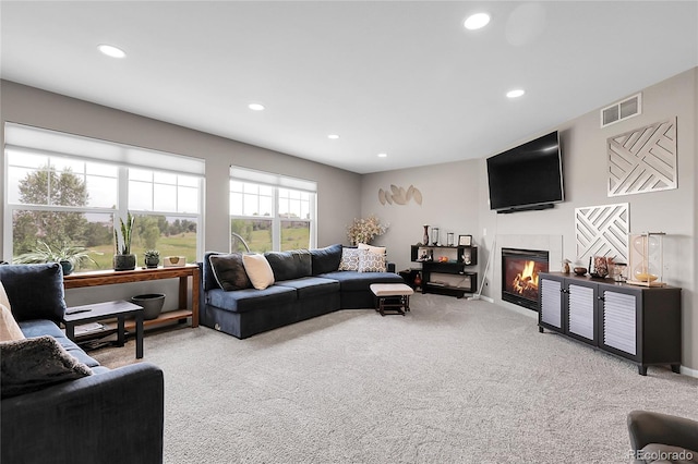 4912 S Fultondale Way, Aurora, CO 80016 - living room featuring carpet flooring, recessed lighting, and a glass covered fireplace