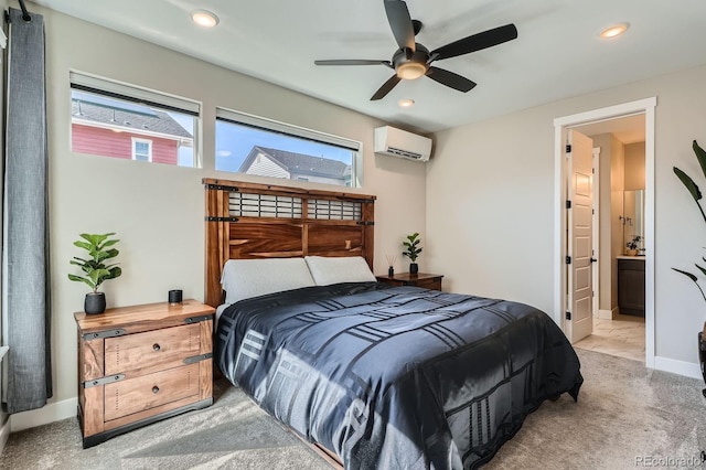 bedroom with a wall mounted AC, recessed lighting, carpet flooring, baseboards, and ceiling fan