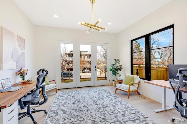 4520 W Moncrieff Pl, Denver, CO 80212 - office area with french doors, a chandelier, and recessed lighting