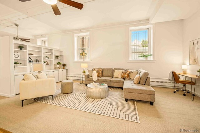 1140 Columbine St Unit 106, Denver, CO 80206 - carpeted living room featuring a ceiling fan and a baseboard heating unit