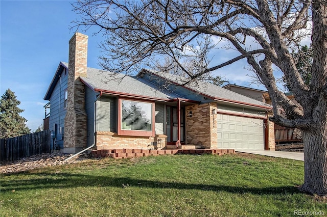 ranch-style house featuring a garage, fence, brick siding, a front lawn, and driveway
