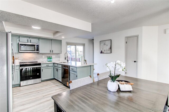 kitchen featuring tasteful backsplash, a peninsula, appliances with stainless steel finishes, a sink, and light wood finished floors