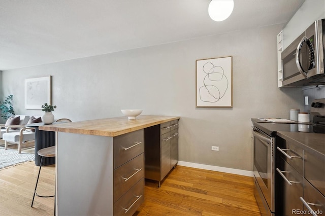kitchen with appliances with stainless steel finishes, a breakfast bar, light wood finished floors, wood counters, and a peninsula