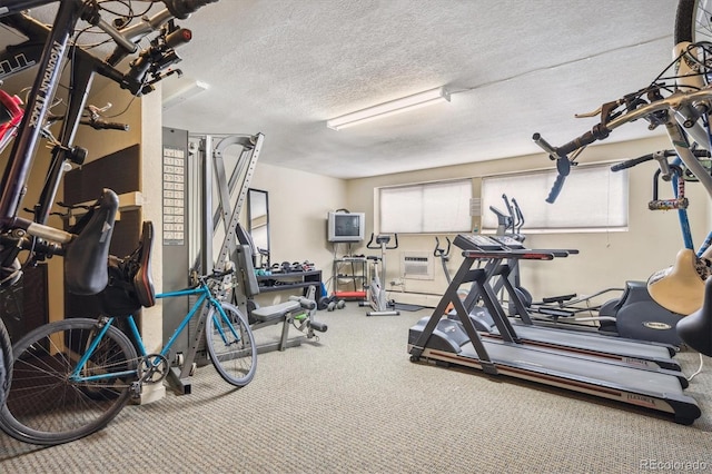 exercise room with a textured ceiling and carpet floors