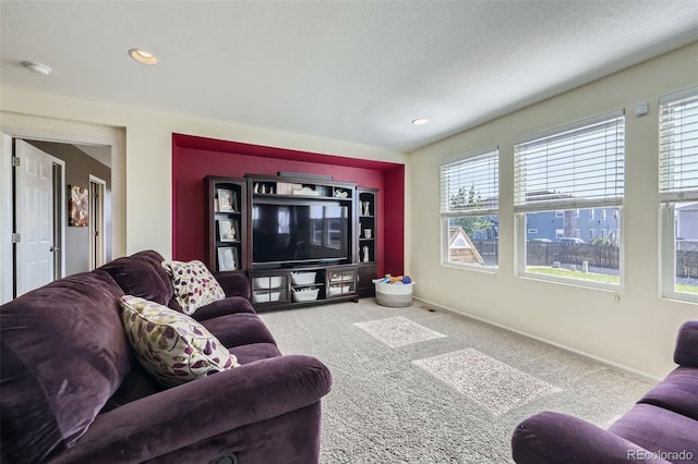 5280 Raritan Way, Denver, CO 80221 - living area featuring carpet flooring, healthy amount of natural light, and recessed lighting