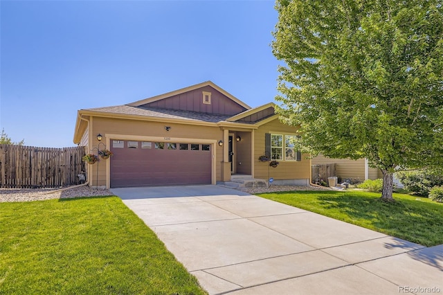 5280 Raritan Way, Denver, CO 80221 - ranch-style house with an attached garage, concrete driveway, and board and batten siding