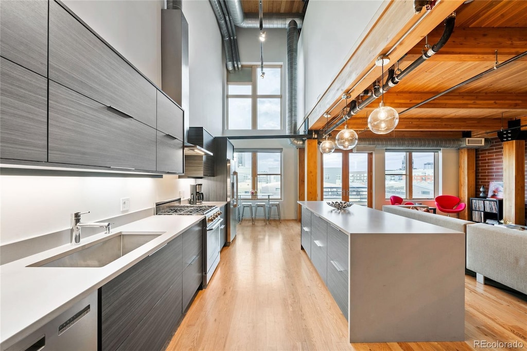 kitchen with wood ceiling, beamed ceiling, light hardwood / wood-style flooring, and stainless steel appliances