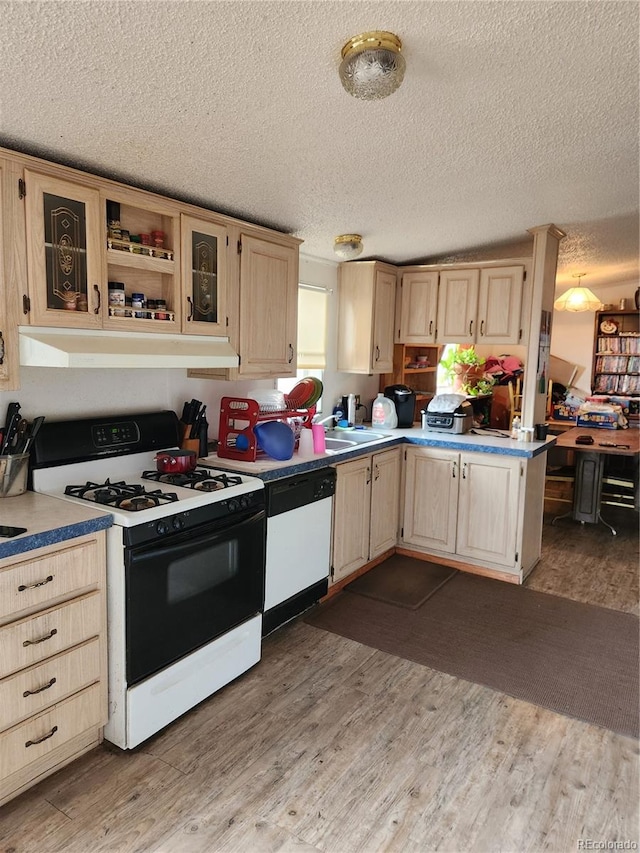 kitchen with wood-type flooring, light brown cabinetry, white appliances, and a textured ceiling