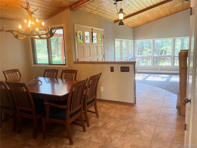 11608 Apache Trl, Conifer, CO 80433 - dining area with wood ceiling, a baseboard heating unit, plenty of natural light, vaulted ceiling, and a chandelier