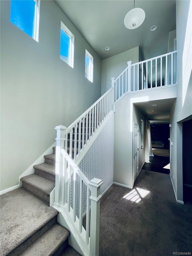 stairway featuring a towering ceiling and carpet flooring