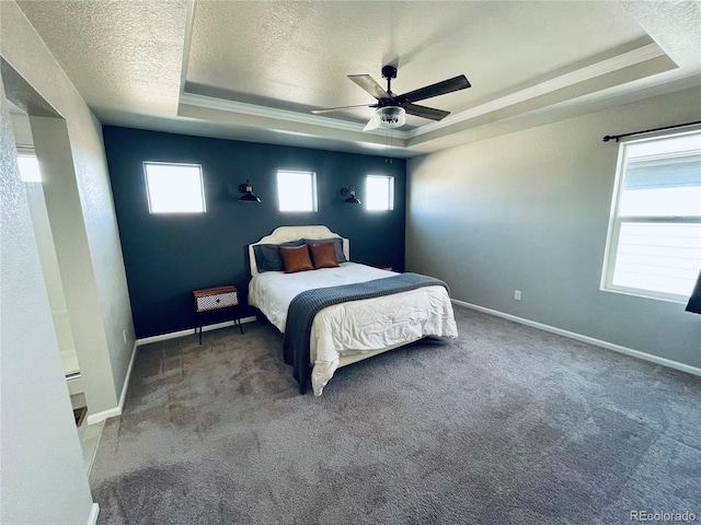 carpeted bedroom with ceiling fan, multiple windows, and a tray ceiling