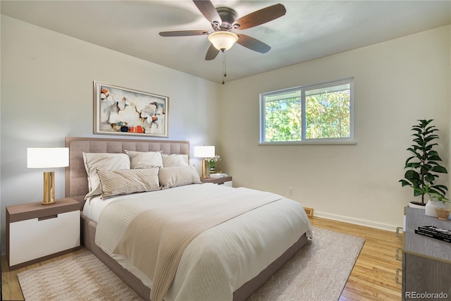 bedroom with ceiling fan and light hardwood / wood-style flooring