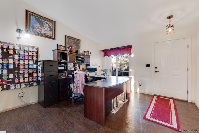 office space featuring dark wood finished floors, vaulted ceiling, and baseboards