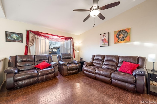 living room featuring lofted ceiling, ceiling fan, and wood finished floors