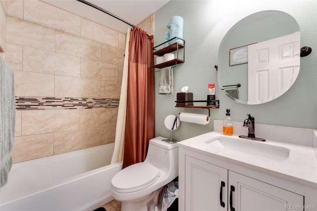 full bath featuring shower / tub combo, vanity, and toilet