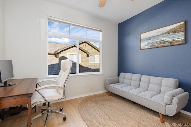 office area featuring ceiling fan and wood-type flooring